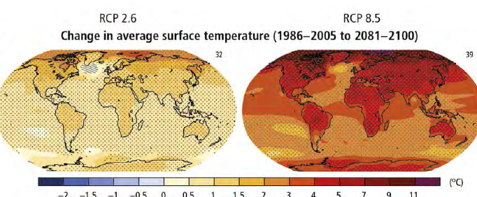 La planète en 2100 selon que l'on arrive à limiter à +2°C le réchauffement global, ou que l'on poursuive la trajectoire actuelle. Doc. IPCC